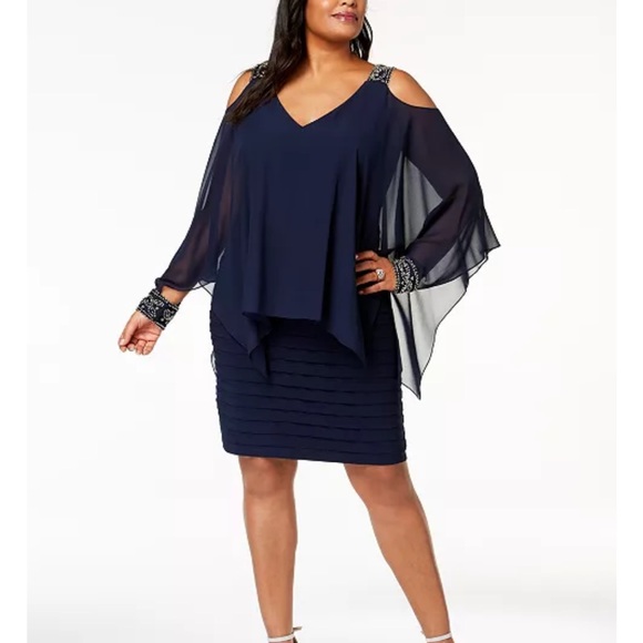 Betsy & Adam Dresses & Skirts - Betsy & Adam Navy Blue Cold Shoulder Popover Dress Embellished Cuffs Size 10